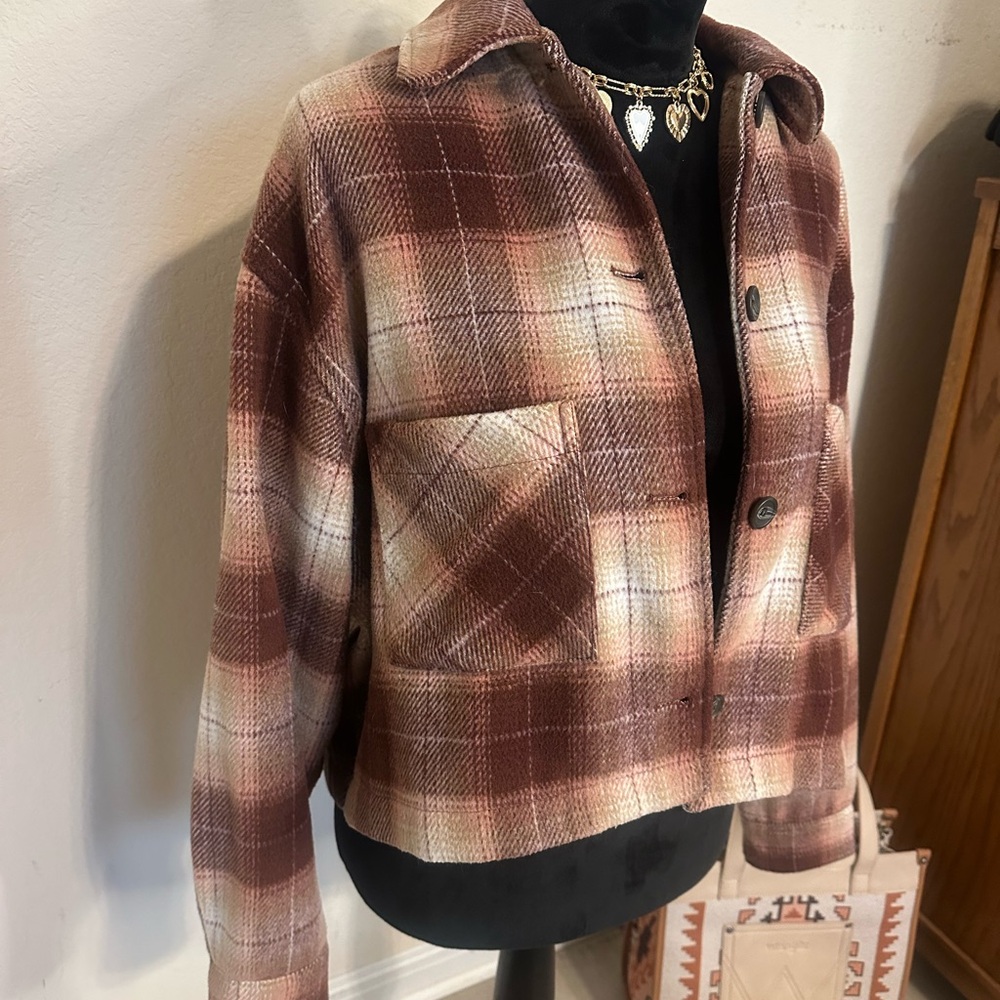 For The Republic Plaid Cropped Utility Jacket in Brown and Cream